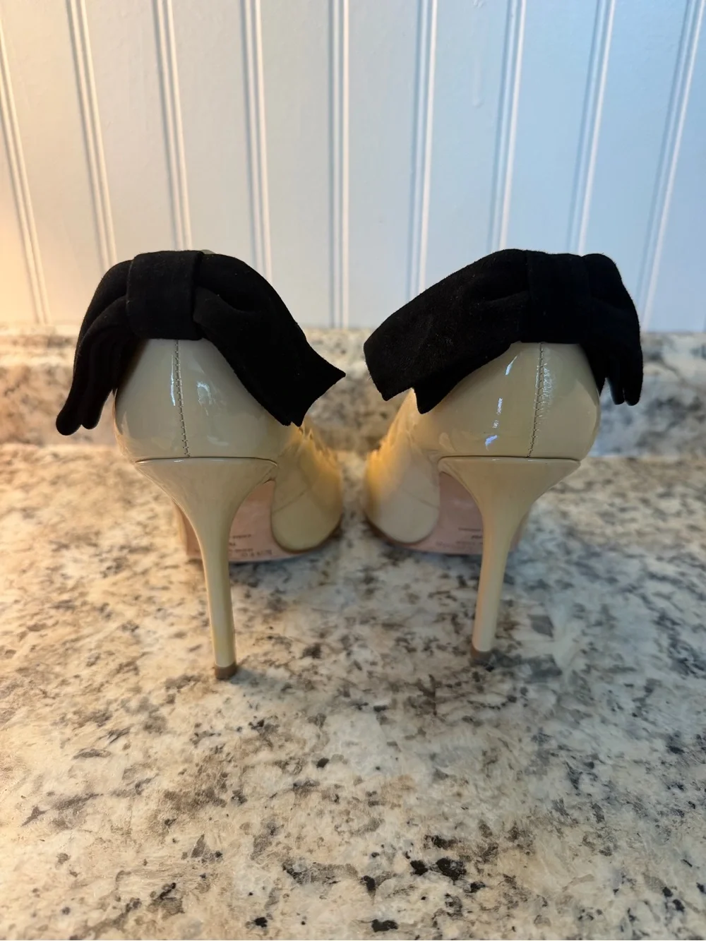 kate spade ♠️ Maxine Nude Scalloped Patent Pointed-Toe Stiletto Heels Black Bow